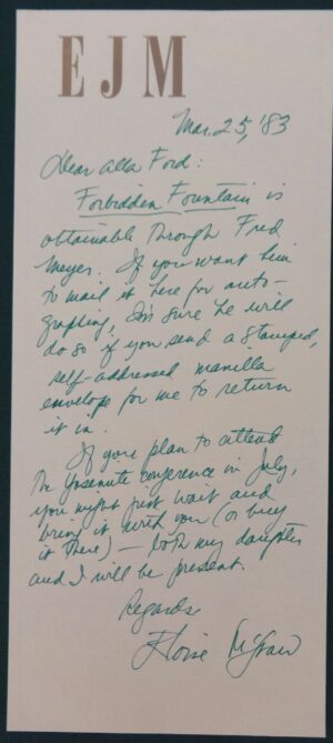 Eloise McGraw to Alla Ford Signed Letter Merry go round in oz book