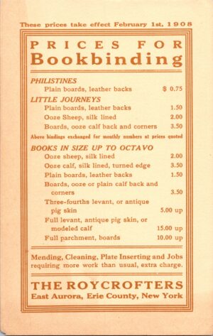 Roycroft Bookbinding Flyer 1908 Full Levant Services Price List
