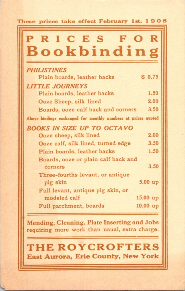 Roycroft 1908 Bookbinding Printing Flyer Leather Levant Binding Price List Elbert Hubbard