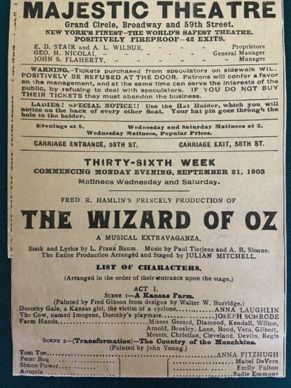 Wizard of Oz Majestic Theatre Program 1903