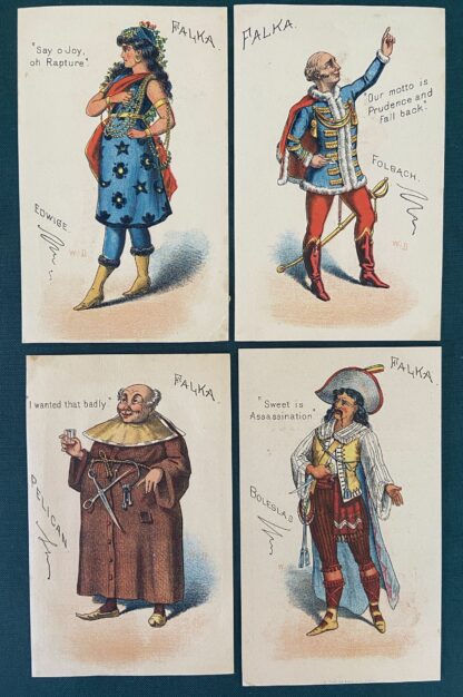 W W DENSLOW 1884 Complete Set of 8 Falka Theater Trade Cards Peerless Coffee - Image 5