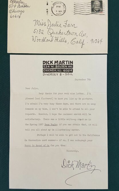 1971 Dick Martin Signed Letter Plus Autograph Personal Stationery Wizard of Oz Book Illustrator - Image 3