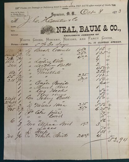 3 Pieces of Early Baum Ephemera from Syracuse NY: Neal, Baum Letterhead, Envelope to Sister Harriet - Image 2