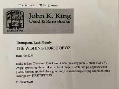 1st Edn WISHING HORSE OF OZ w/ 1st Dust Jacket-Ruth Plumly Thompson Book 12 Color Plates - Image 12